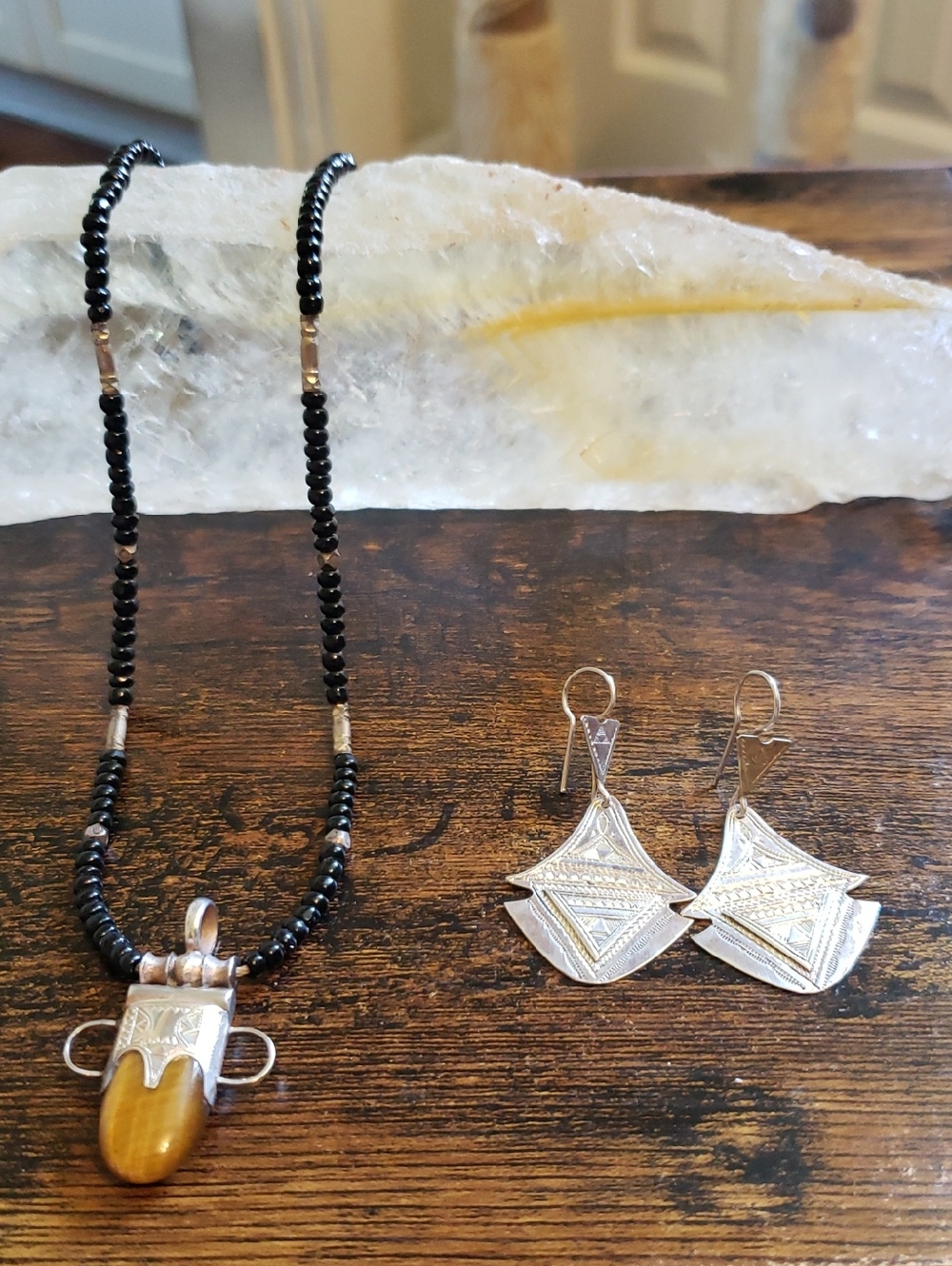 Taureg Tribal Ethnic Silver Tigers Eye Beaded Necklace and Silver Earrings
